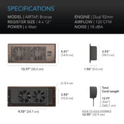 Airtap T4 120 CFM 4 In. X 12 In. Quiet Register Booster Fan With Thermostat Control, Heating Cooling AC Vent -Fire Place Store ac infinity grow room ventilation ac rbf42 b fa 1000