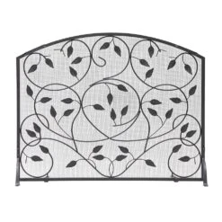 38 In. 1- Panel L Black Flat Fireplace Screen With Leaves Pattern