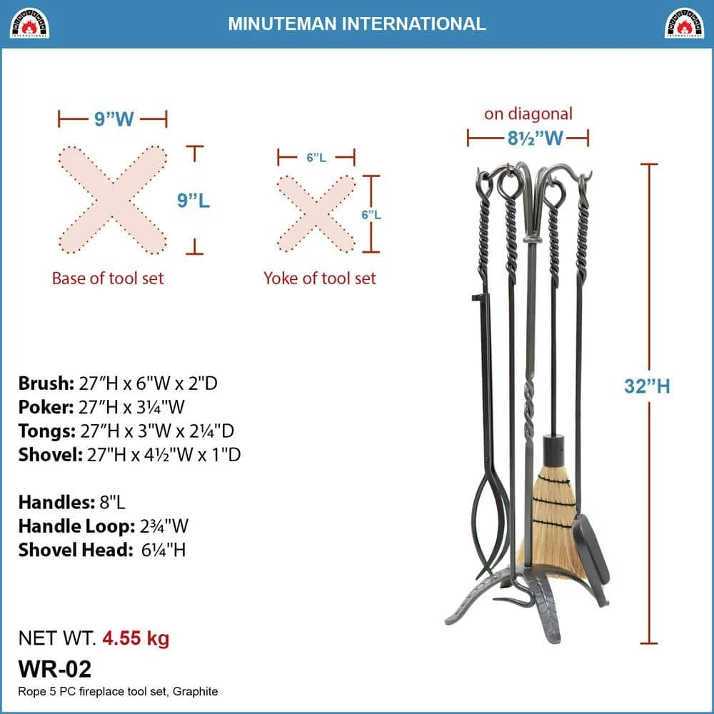 32 In. Tall 5-Piece Graphite Rope Fireplace Tool Set 6 32 In. Tall 5-Piece Graphite Rope Fireplace Tool Set - Image 6