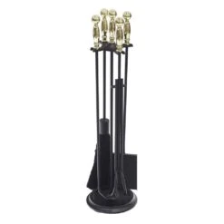30.25 In. Tall 5-Piece Polished Brass And Black Chelmsford Fireplace Tool Set