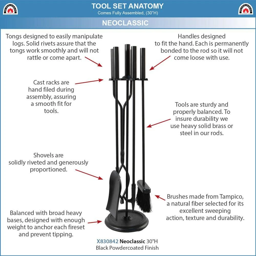 30 In. Tall 5-Piece Black Neoclassic Fireplace Tool Set With Round Base 4 30 In. Tall 5-Piece Black Neoclassic Fireplace Tool Set With Round Base - Image 4