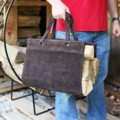 16 In. W Dark Brown Suede Log Carrier With Handles For Firewood Rack -Fire Place Store achla designs firewood racks lcr 06c 1f 1000