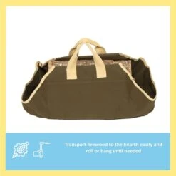 35 In. W Sage Firewood Rack With Ivory Trim Canvas Log Carrier With Handles -Fire Place Store achla designs firewood racks lcr 26 1f 1000