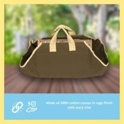 35 In. W Sage Firewood Rack With Ivory Trim Canvas Log Carrier With Handles -Fire Place Store achla designs firewood racks lcr 26 44 1000