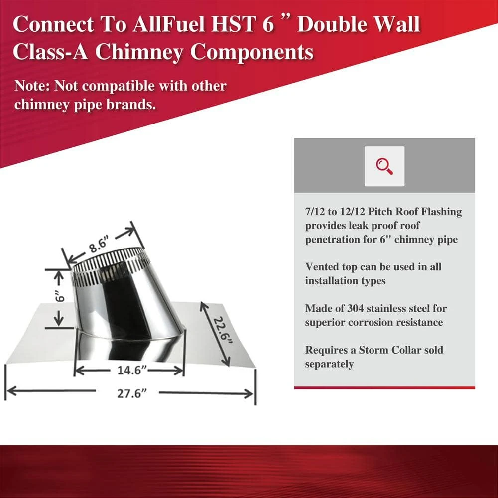 6 In. 7/12 - 12/12 Pitch Roof Flashing For Double Wall Chimney Pipe 2 6 In. 7/12 - 12/12 Pitch Roof Flashing For Double Wall Chimney Pipe - Image 2