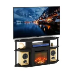 Jensen 47.09 In. Freestanding Wood Smart Electric Corner Fireplace TV Stand In Americano/Black -Fire Place Store americano black furinno fireplace tv stands 23161ambk 1f 1000