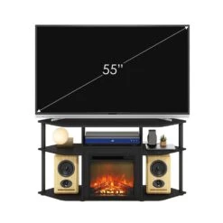 Jensen 47.09 In. Freestanding Wood Smart Electric Corner Fireplace TV Stand In Americano/Black -Fire Place Store americano black furinno fireplace tv stands 23161ambk 44 1000