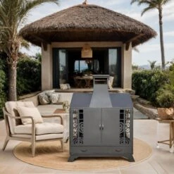 55.91 In. Iron Fireplace With Mesh Spark, Screen Doors, Fire Poker, Black -Fire Place Store amity trun llc outdoor fireplaces pf35burningsun 31 1000