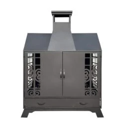 55.91 In. Iron Fireplace With Mesh Spark, Screen Doors, Fire Poker, Black -Fire Place Store amity trun llc outdoor fireplaces pf35burningsun 44 1000