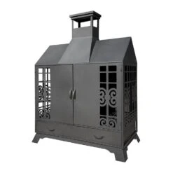 55.91 In. Iron Fireplace With Mesh Spark, Screen Doors, Fire Poker, Black -Fire Place Store amity trun llc outdoor fireplaces pf35burningsun 4f 1000