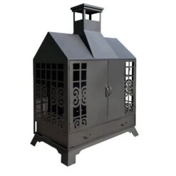 55.91 In. Iron Fireplace With Mesh Spark, Screen Doors, Fire Poker, Black -Fire Place Store amity trun llc outdoor fireplaces pf35burningsun c3 1000