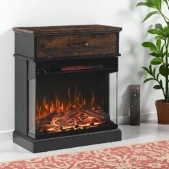 25 In. Freestanding Electric Fireplace Stove, Stand Side Table With 3-Sided Glass Fireplace Insert In Antique Black -Fire Place Store antique black toolcat freestanding electric fireplaces mgg70 10 eh fa 1000