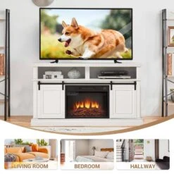 58 In. Freestanding Electric Fireplace TV Stand With Storage Space And Multifunctional Sliding Doors In Antique White -Fire Place Store antique white sunrinx fireplace tv stands fts175802aw 1f 1000