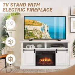 58 In. Freestanding Electric Fireplace TV Stand With Storage Space And Multifunctional Sliding Doors In Antique White -Fire Place Store antique white sunrinx fireplace tv stands fts175802aw 76 1000