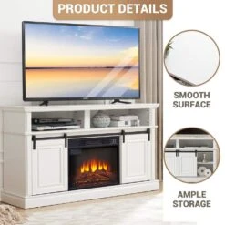 58 In. Freestanding Electric Fireplace TV Stand With Storage Space And Multifunctional Sliding Doors In Antique White -Fire Place Store antique white sunrinx fireplace tv stands fts175802aw fa 1000