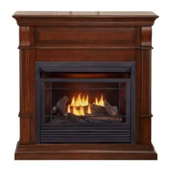 26,000 BTU Vent Free Propane Gas Fireplace System And Auburn Cherry Mantel With Remote Control