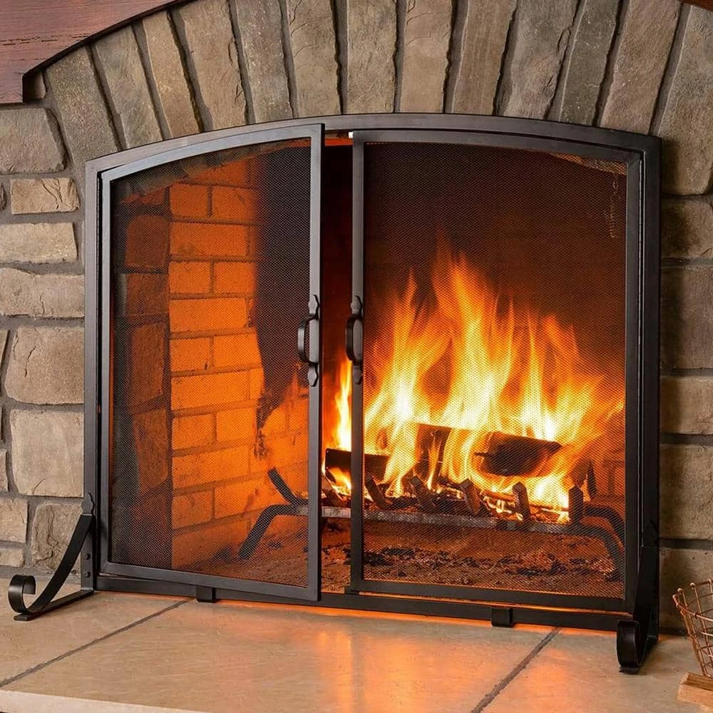 Black Freestanding Flat Steel 2-Panel Fireplace Screen For Indoor Living Room 2 Black Freestanding Flat Steel 2-Panel Fireplace Screen For Indoor Living Room - Image 2