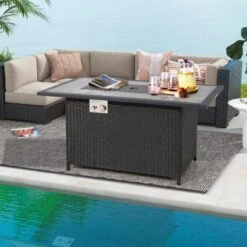 CLIHOME 52 In. 50000 BTU Black Propane Gas Fire Pit Table With Marble Top PE Rattan Cover And Lid For Patio Outdoor Heating -Fire Place Store black 52 in wood burning fire pits cl f984 a 31 1000