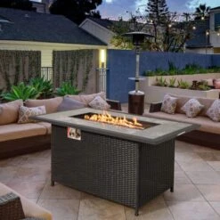 CLIHOME 52 In. 50000 BTU Black Propane Gas Fire Pit Table With Marble Top PE Rattan Cover And Lid For Patio Outdoor Heating