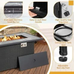 CLIHOME 52 In. 50000 BTU Black Propane Gas Fire Pit Table With Marble Top PE Rattan Cover And Lid For Patio Outdoor Heating -Fire Place Store black 52 in wood burning fire pits cl f984 a 66 1000