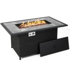 CLIHOME 52 In. 50000 BTU Black Propane Gas Fire Pit Table With Marble Top PE Rattan Cover And Lid For Patio Outdoor Heating -Fire Place Store black 52 in wood burning fire pits cl f984 a c3 1000