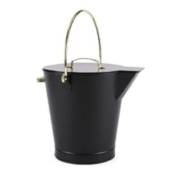 13 In. Tall Black Versatile Round Ash Bucket With Cover And Solid Brass Handles