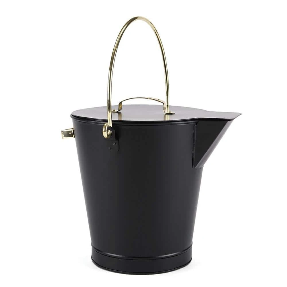 13 In. Tall Black Versatile Round Ash Bucket With Cover And Solid Brass Handles 1 13 In. Tall Black Versatile Round Ash Bucket With Cover And Solid Brass Handles