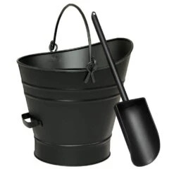 14 In. Tall 2-Piece Black Traditional Galvanized Steel Round Small Pellet Bucket With Handles And Scoop