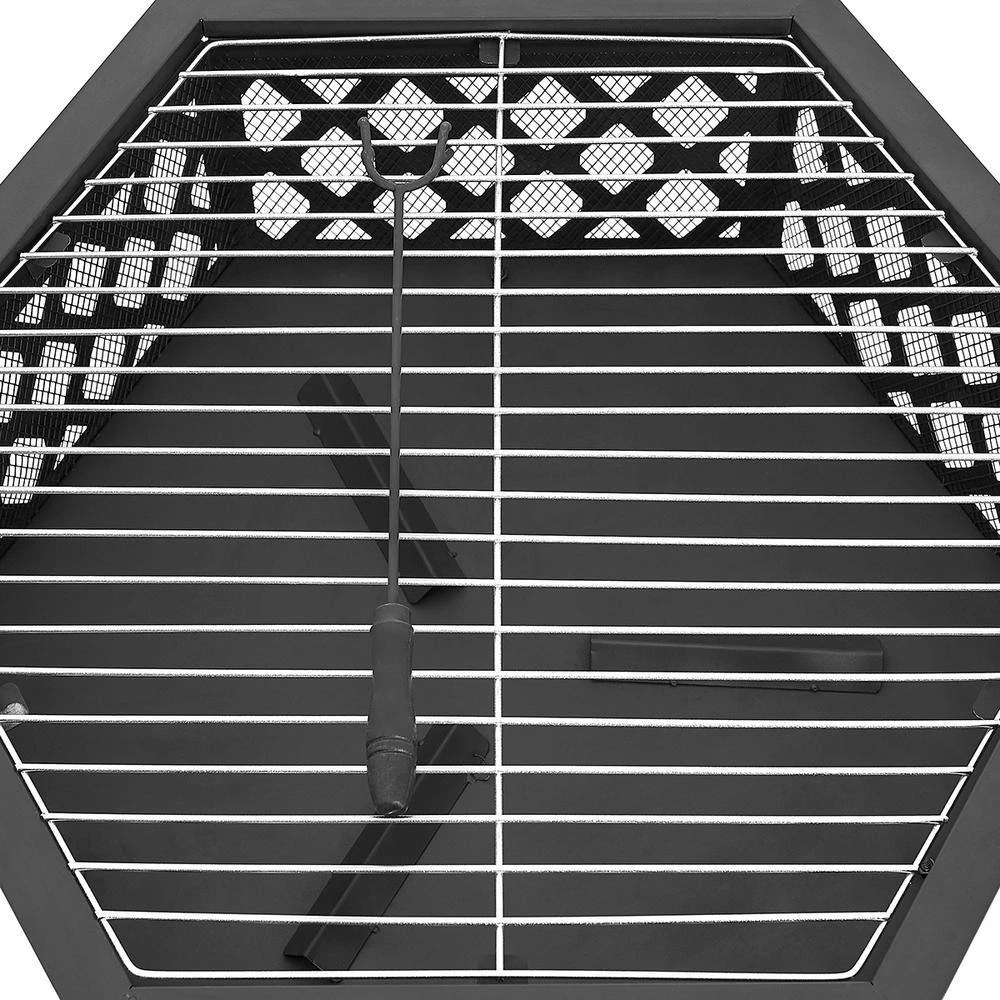 24 In. X 8.25 In. Outdoor Hex-Shaped Patio Firebowl Portable Wood Fire Pit With Spark Screen Cover, Poker And Grill 4 24 In. X 8.25 In. Outdoor Hex-Shaped Patio Firebowl Portable Wood Fire Pit With Spark Screen Cover, Poker And Grill - Image 4