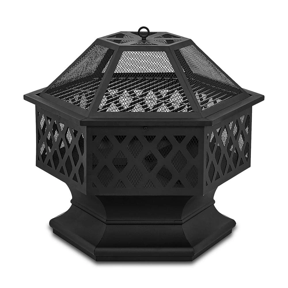 24 In. X 8.25 In. Outdoor Hex-Shaped Patio Firebowl Portable Wood Fire Pit With Spark Screen Cover, Poker And Grill 1 24 In. X 8.25 In. Outdoor Hex-Shaped Patio Firebowl Portable Wood Fire Pit With Spark Screen Cover, Poker And Grill