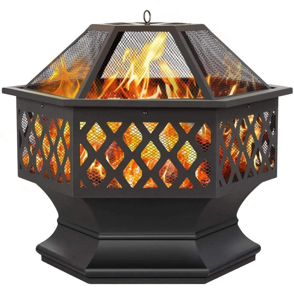 24 In. X 8.25 In. Outdoor Hex-Shaped Patio Firebowl Portable Wood Fire Pit With Spark Screen Cover, Poker And Grill 2 24 In. X 8.25 In. Outdoor Hex-Shaped Patio Firebowl Portable Wood Fire Pit With Spark Screen Cover, Poker And Grill - Image 2