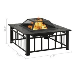31.9 In. Black Steel Outdoor Fire Pit With Poker And Mesh Cover -Fire Place Store black benjara wood burning fire pits bm325640 1f 1000