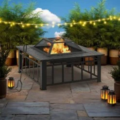 31.9 In. Black Steel Outdoor Fire Pit With Poker And Mesh Cover -Fire Place Store black benjara wood burning fire pits bm325640 31 1000