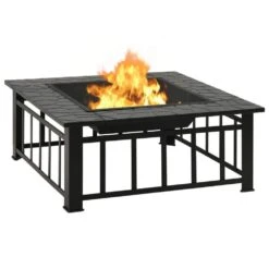 31.9 In. Black Steel Outdoor Fire Pit With Poker And Mesh Cover -Fire Place Store black benjara wood burning fire pits bm325640 c3 1000