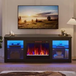 63 In. Freestanding Media Console Electric Fireplace TV Stand Fits TV'​s Up To 70 In. With Cabinet In Black -Fire Place Store black bestier fireplace tv stands bsl105516a blk 2 2 66 1000