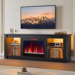 63 In. Freestanding Media Console Electric Fireplace TV Stand Fits TV'​s Up To 70 In. With Cabinet In Black -Fire Place Store black bestier fireplace tv stands bsl105516a blk 2 2 77 1000