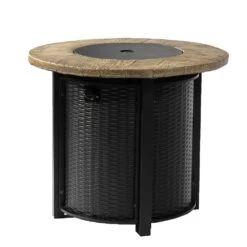30 In. W Round 40000Btu Black Steel And MgO Tabletop Propane Outdoor Fire Pit Table With Lava Rocks