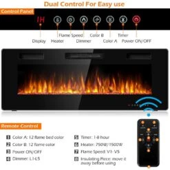 Electric Remote Control 5100 BTU 50 In. Wall Electric Fireplace -Fire Place Store black costway wall mounted electric fireplaces ghm0254 4f 1000
