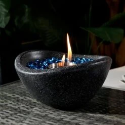 Mini Oval Concrete Smokeless Ethanol Fire Pit In Black With Stainless Steel Cup, Lid And Blue Glass Beads -Fire Place Store black daheat gas fire pits pw 53fpt397 4f 1000