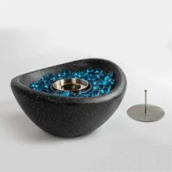 Mini Oval Concrete Smokeless Ethanol Fire Pit In Black With Stainless Steel Cup, Lid And Blue Glass Beads -Fire Place Store black daheat gas fire pits pw 53fpt397 a0 1000
