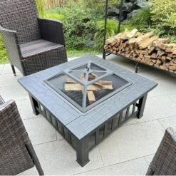32 In. Square Metal Fire Pit Table With Steel Construction In Black, Outdoor Firepit Stove With Flame Cut-out Pattern -Fire Place Store black ecochic spaces inc wood burning fire pits fzzw1951p173120 4f 1000