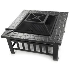 32 In. Square Metal Fire Pit Table With Steel Construction In Black, Outdoor Firepit Stove With Flame Cut-out Pattern