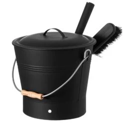 Black Iron Ash Bucket With Lid And Wood Handle Brush Use For Fire Pit, Wood Burning Stove And Grill -Fire Place Store black gardenised ash buckets qi004552 4f 1000