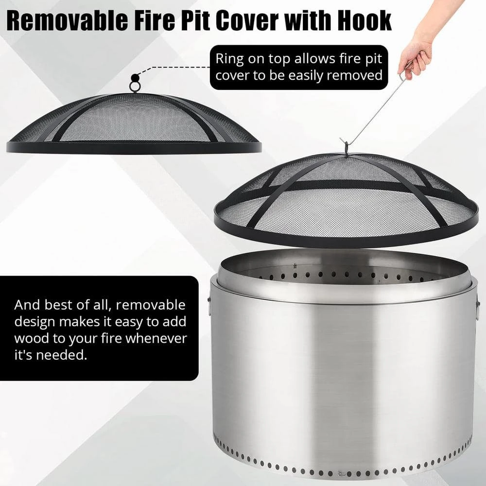 30 In. Outdoor Round Carbon Steel Mesh Fire Pit Spark Screen Cover With Poker 3 30 In. Outdoor Round Carbon Steel Mesh Fire Pit Spark Screen Cover With Poker - Image 3