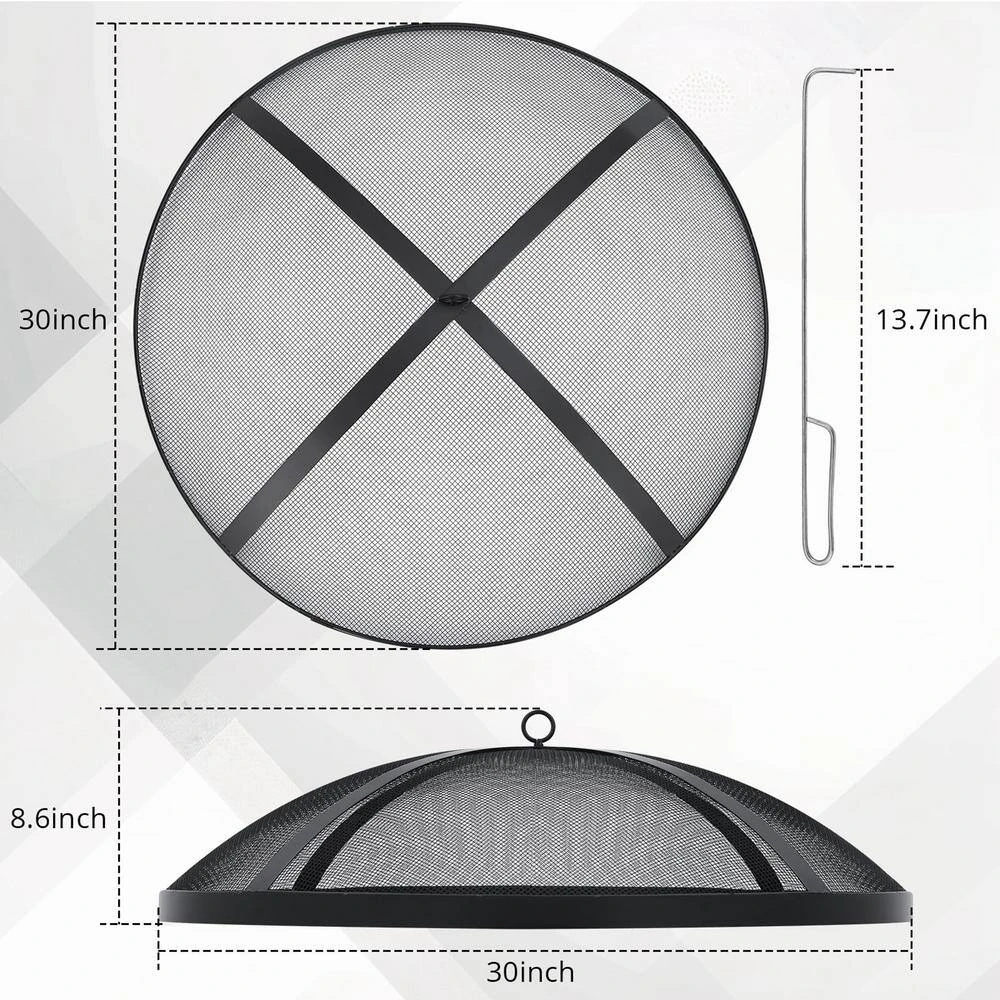 30 In. Outdoor Round Carbon Steel Mesh Fire Pit Spark Screen Cover With Poker 2 30 In. Outdoor Round Carbon Steel Mesh Fire Pit Spark Screen Cover With Poker - Image 2