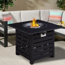 CLIHOME 32 In. Patio Black Square Outdoor Gas Fire Pit With Waterproof Cover, Suitable For The Garden Or Balcony