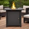 30 In. 50000 BTU Black Square Steel Propane Outdoor Fire Pit Table With Steel Lid And Rocks