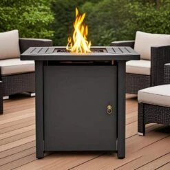 30 In. 50000 BTU Black Square Steel Propane Outdoor Fire Pit Table With Steel Lid And Rocks
