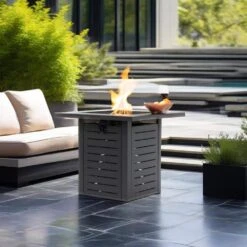 28 In. 50000 BTU Black Square Steel Propane Outdoor Fire Pit Table With Steel Lid And Rocks