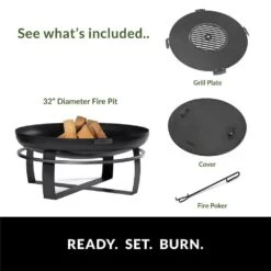 Viking 32 In. Fire Pit With Grill Plate And Cover Lid -Fire Place Store black good directions wood burning fire pits 111262gc 1f 1000